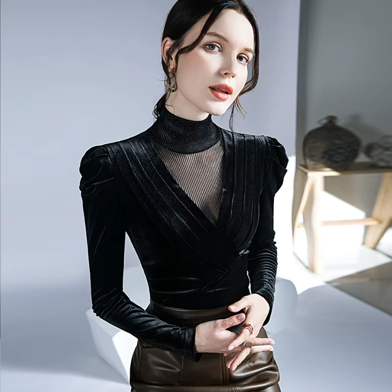 T-shirt à manches longues en velours doré pour femme, haut à épissure en maille noire, sous-manteau 