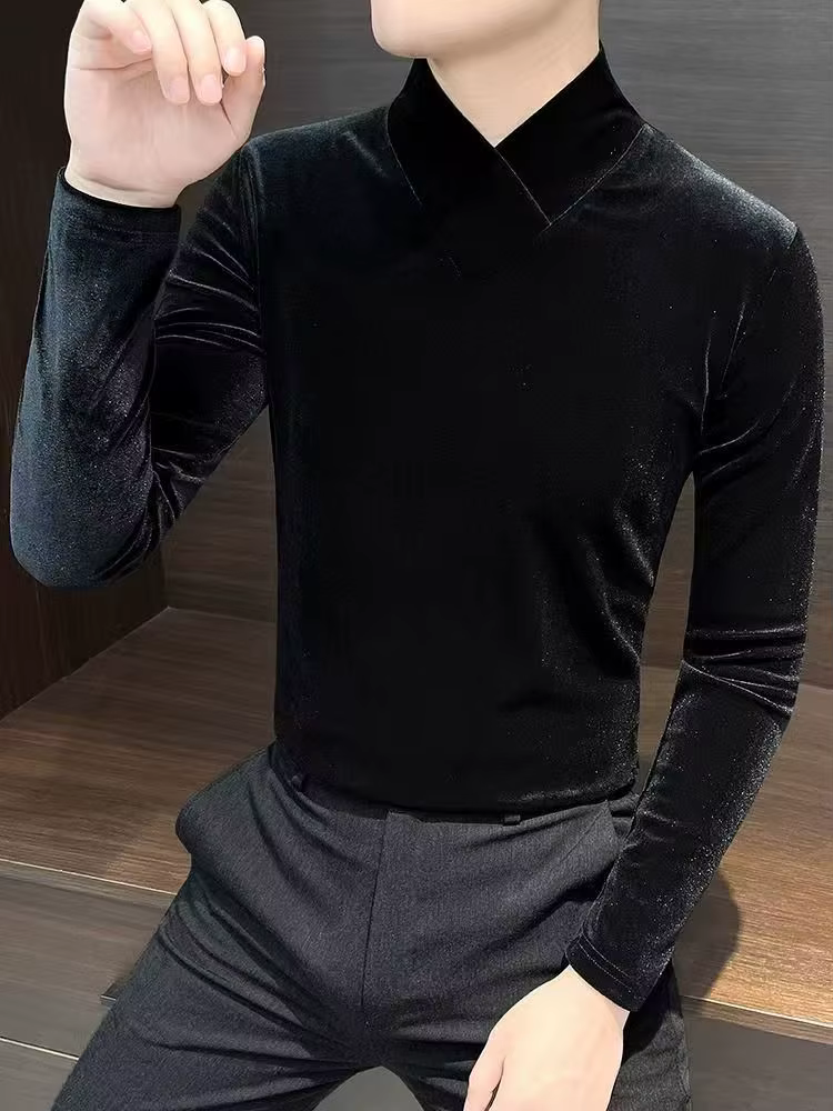 T-shirt à manches longues en velours doré pour homme, haut de gamme, col mi-haut, chemise de base in