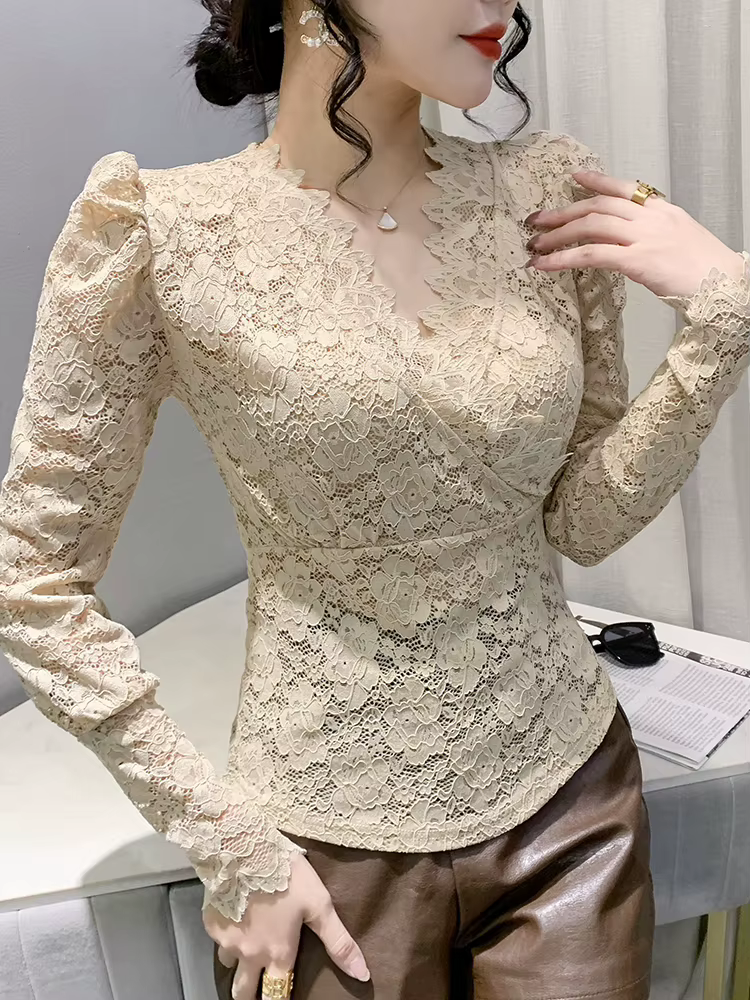 T-shirt à col en V croisé à manches longues pour femmes, simple couche, dentelle évidée, t-shirts mi
