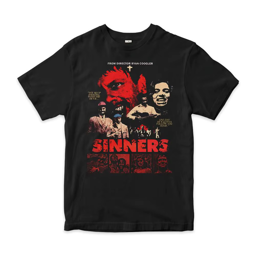 T-shirt d'été oversize pour homme, motif graphique rétro de film d'horreur 'Sinners', manches courte