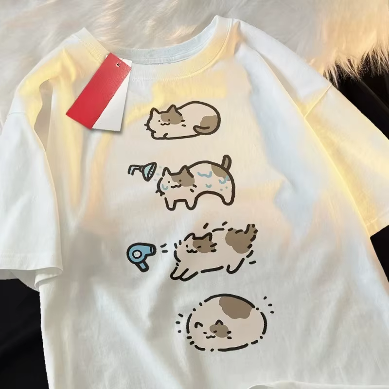 Bain chat mignon dessin animé T-shirt à manches courtes pour les femmes décontracté ample été respir