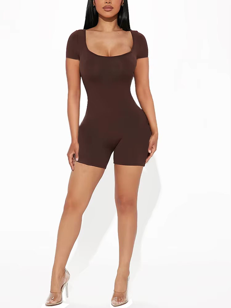 2025 été nouveau femmes Sexy couleur unie à manches courtes col en U combinaison courte Yoga Fitness