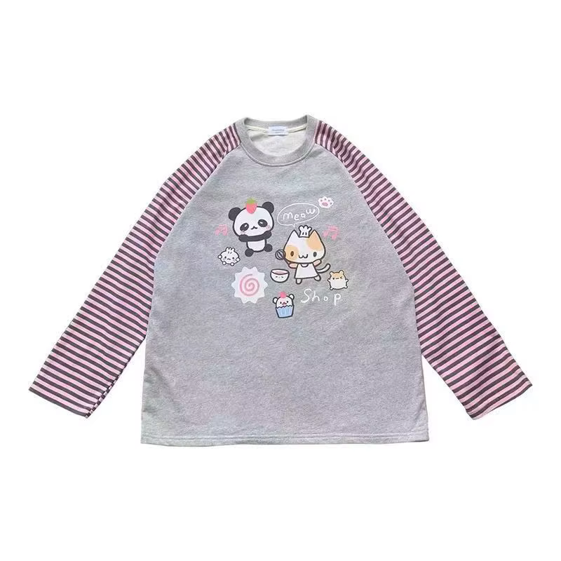 Japon Kawaii doux femmes T-Shirt col rond rayure Patchwork à manches longues dessin animé imprimé pu