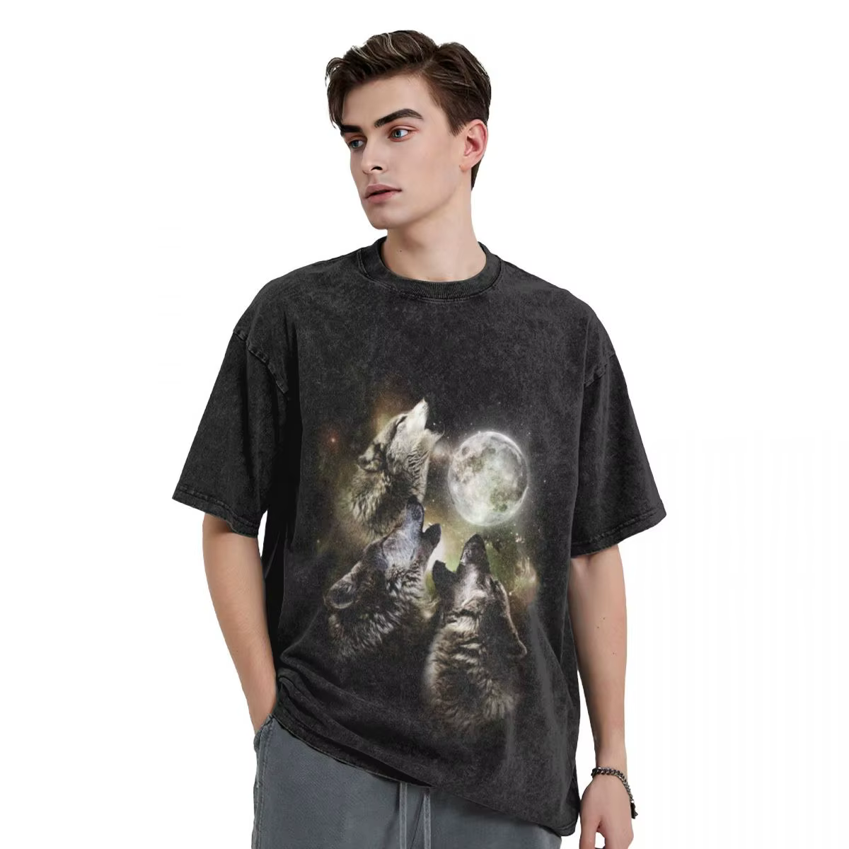 Trois loups hurlant à la lune T-Shirt anime vêtements nouvelle édition vêtements de luxe hommes