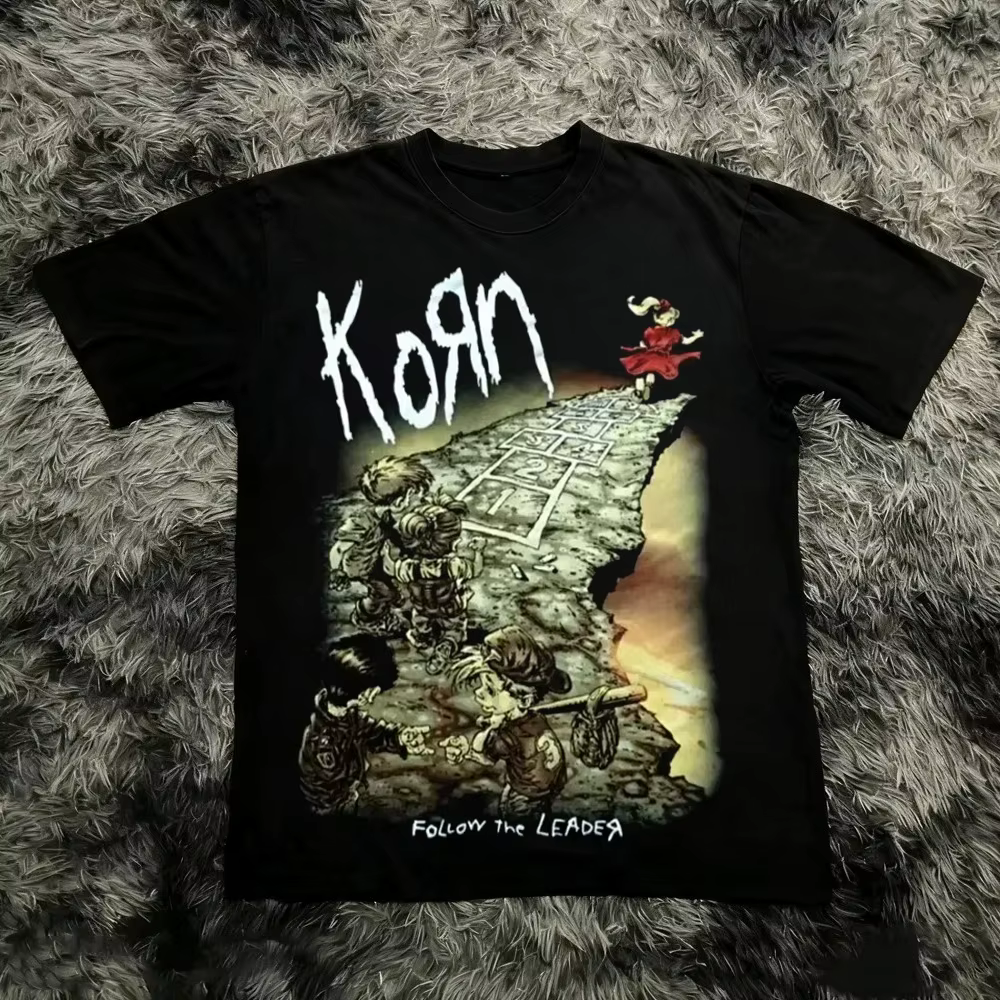 Korn Follow The Leader T-shirt en coton imprimé double face Metal Band Tee pour hommes et femmes, t-