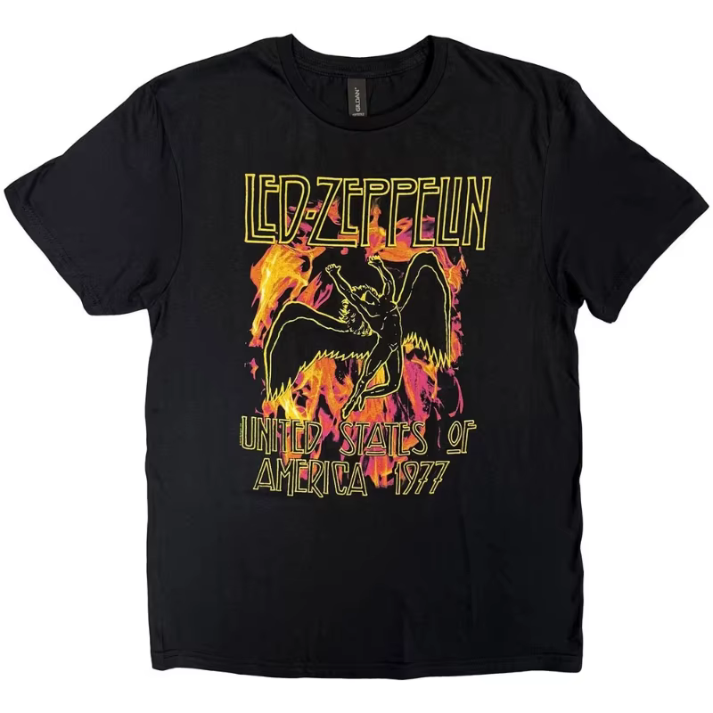 T-shirt Led Zeppelin noir avec logo du groupe Flames, nouveau modèle pour hommes