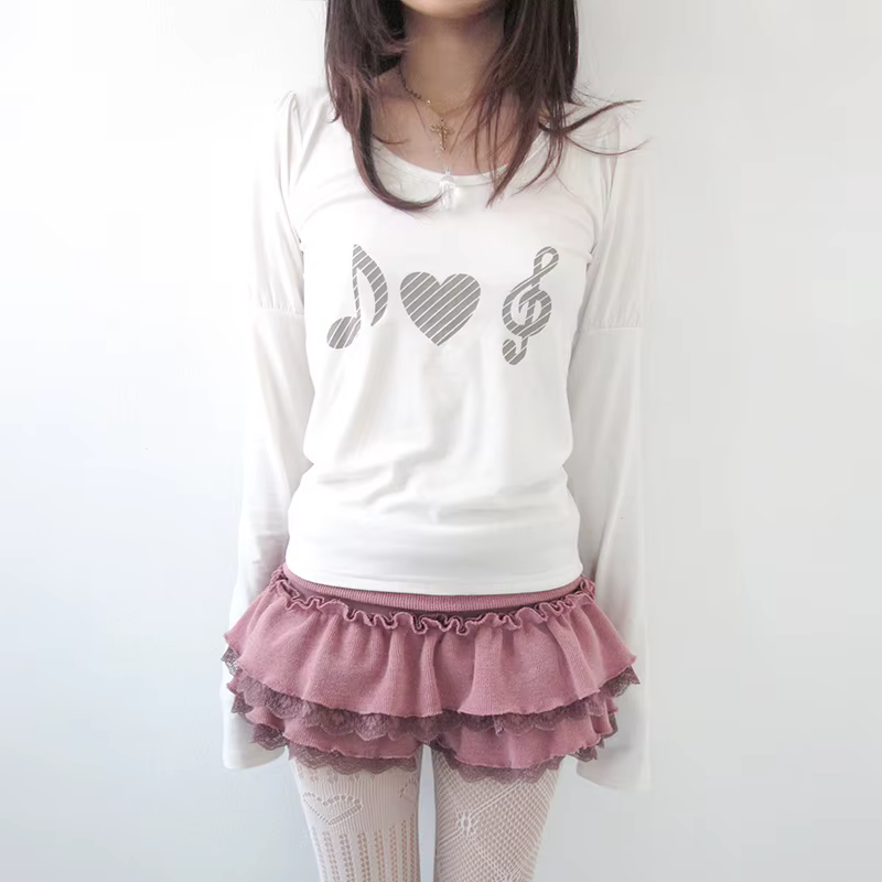 T-shirt Karrram japonais Y2k à imprimé cœur, vintage Harajuku, manches longues, gris, style coréen d