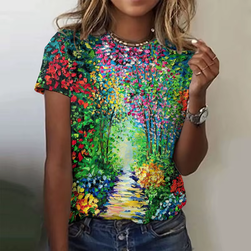 Arbres fleurs motif t-shirt pour femmes océan soleil 3D imprimé manches courtes T-Shirts été décontr