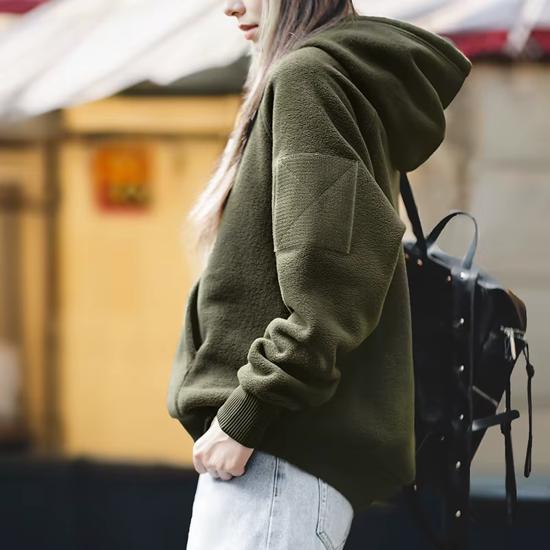Maden Sweat-shirt à capuche pour femme en polaire épaisse pour l'automne et l'hiver Vert foncé taill