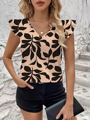 Haut à manches volantées imprimé feuilles beige et noir pour femme, chemisier sans manches à col en 