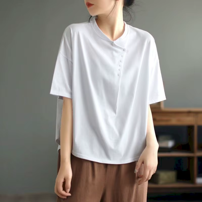 100% coton T-shirt femmes Design de mode bouton col rond T-shirt bonne qualité décontracté ample à m