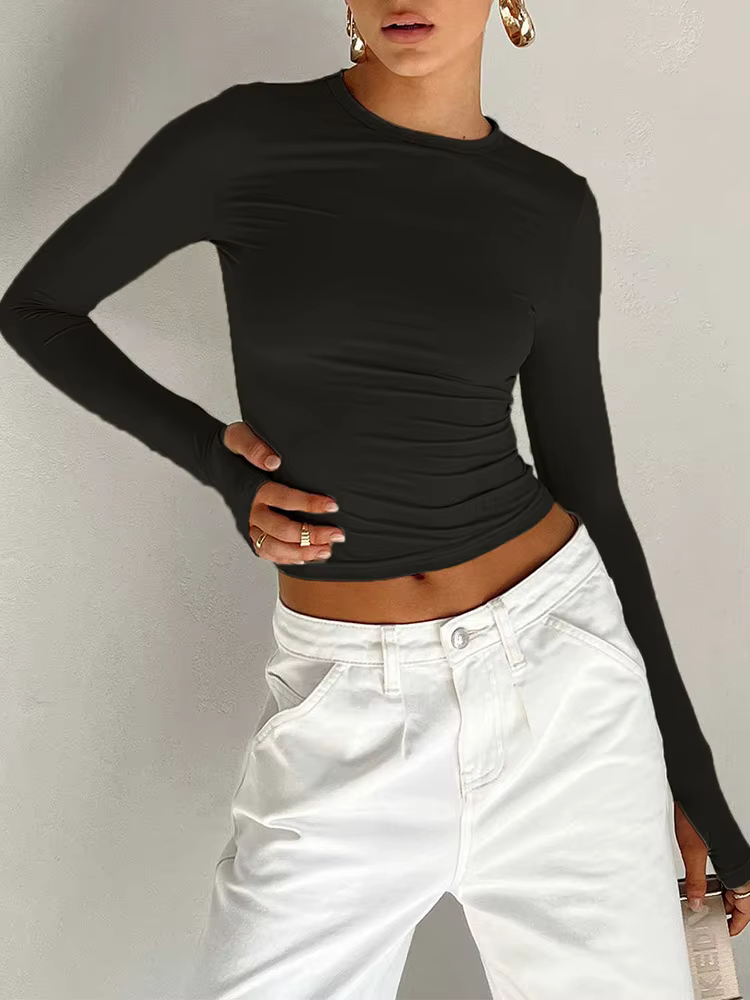Mode femmes T-shirt à manches longues col rond solide coupe ajustée dames haut court avec trous pour
