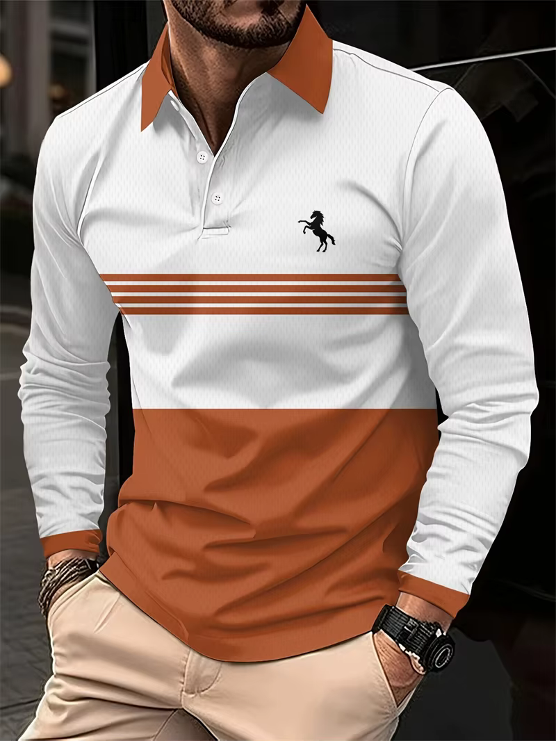 Chemises polo à motif de cheval en couleur contrastée pour hommes Mode d'été Manches longues Chemise