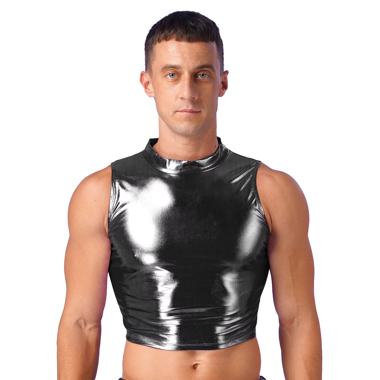 Haut court métallique Sexy pour hommes, Look mouillé, sans manches, débardeur en cuir verni, gilet c