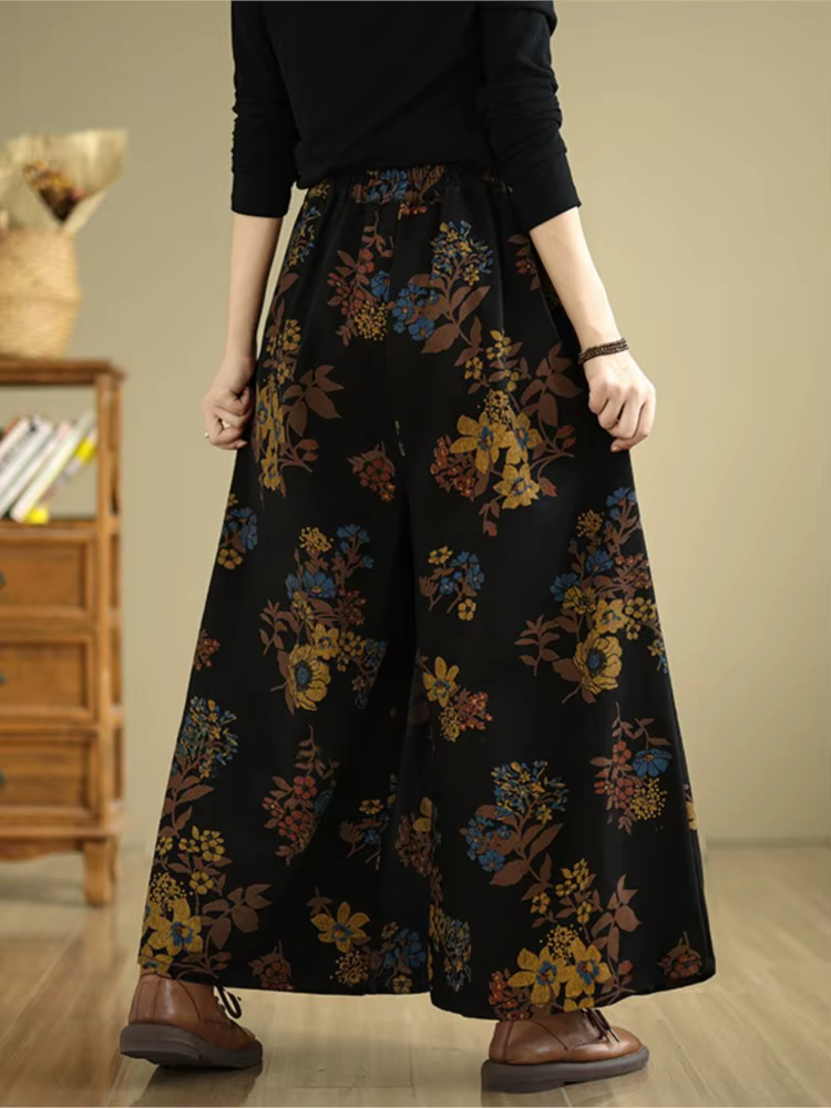Jean rétro automne fleur imprimé fleuri mode élastique taille haute dames pantalon surdimensionné lo