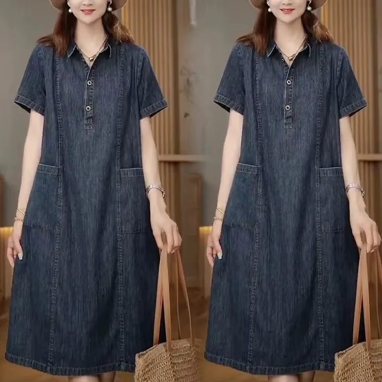 Robe en jean à manches courtes pour femme, nouvelle version coréenne été 2026, ample avec poches, dé