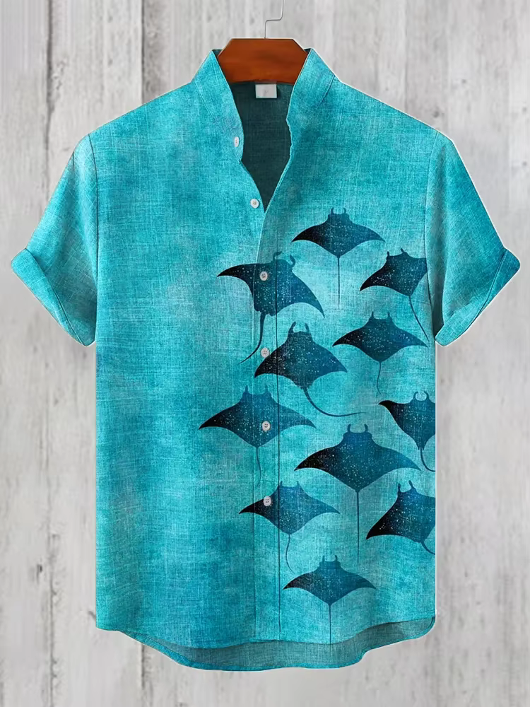 Chemise décontractée pour homme à imprimé artistique Manta Rays style bohème, style japonais jeune, 