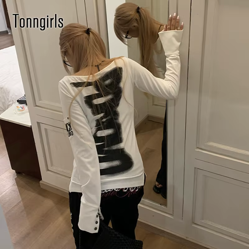 Tonngirls américain rétro imprimé T-shirt femmes à manches longues bouton graphique hauts Y2k hauts
