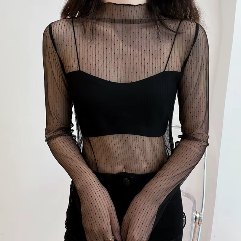 T-shirt sexy en maille et dentelle transparente pour femmes, col rond, manches longues transparentes
