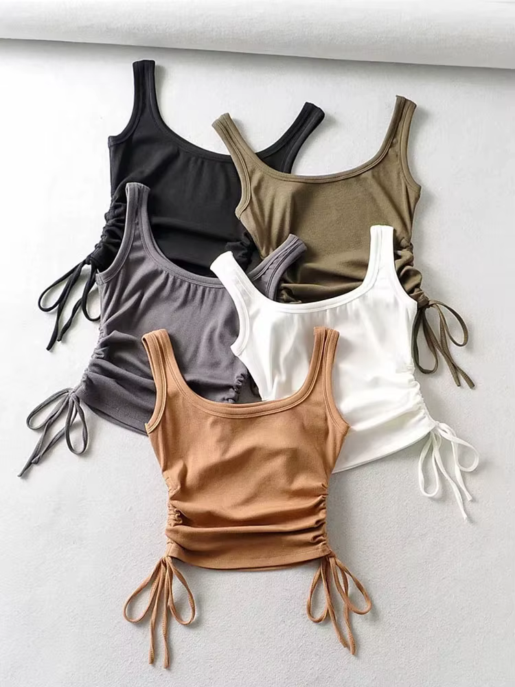 Nouveauté filles décontracté couleur unie deux côtés cordon gilet plis froncé Sexy débardeur et Cami
