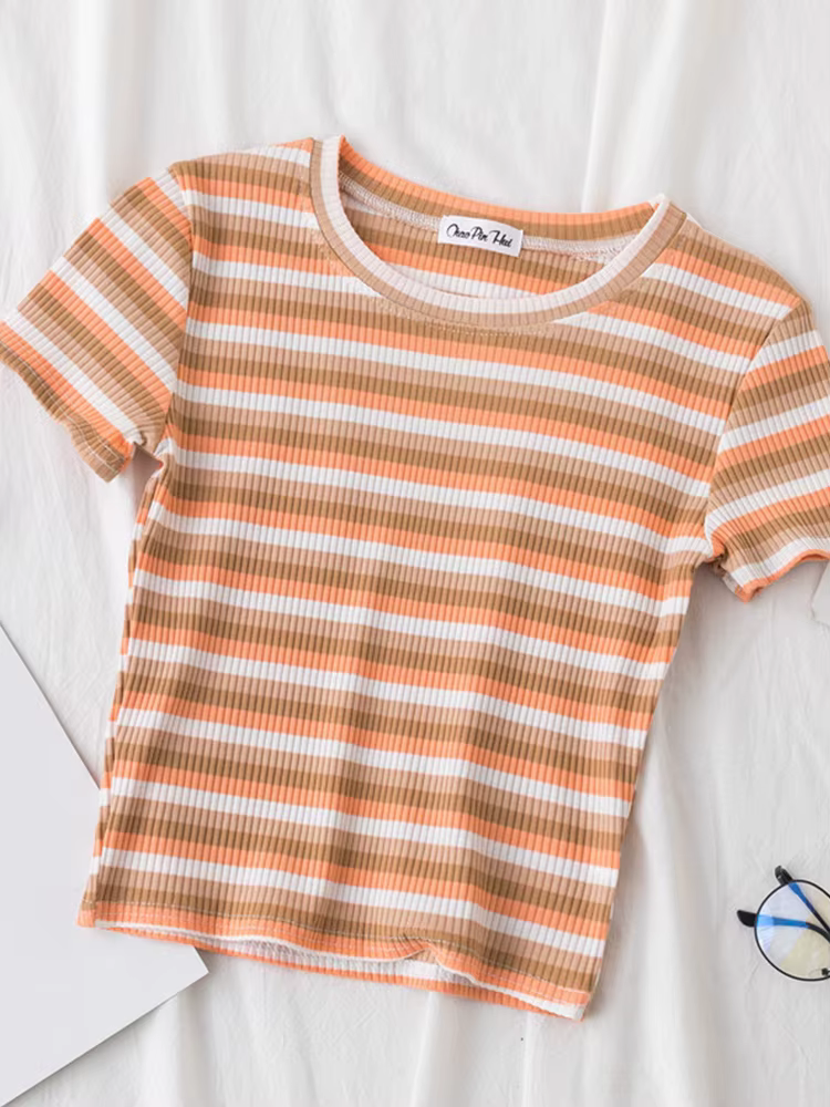 T-shirt à rayures arc-en-ciel pour femmes, haut à manches courtes, vêtement estival et slim, marque 