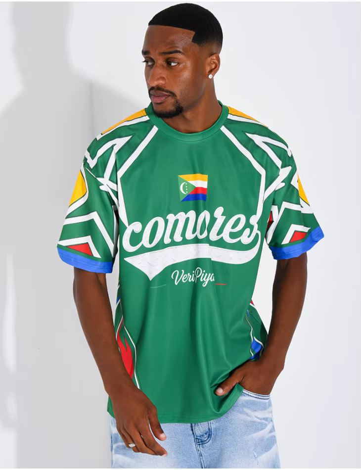 Maillot de football culturel des Comores pour homme, col ras du cou, motif drapeau des Comores et le