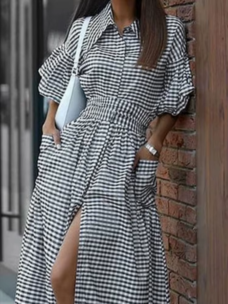 Yeezzi 2025 nouvelle mode Plaid revers chemise robe femmes manches à volants poches boutonnées fente