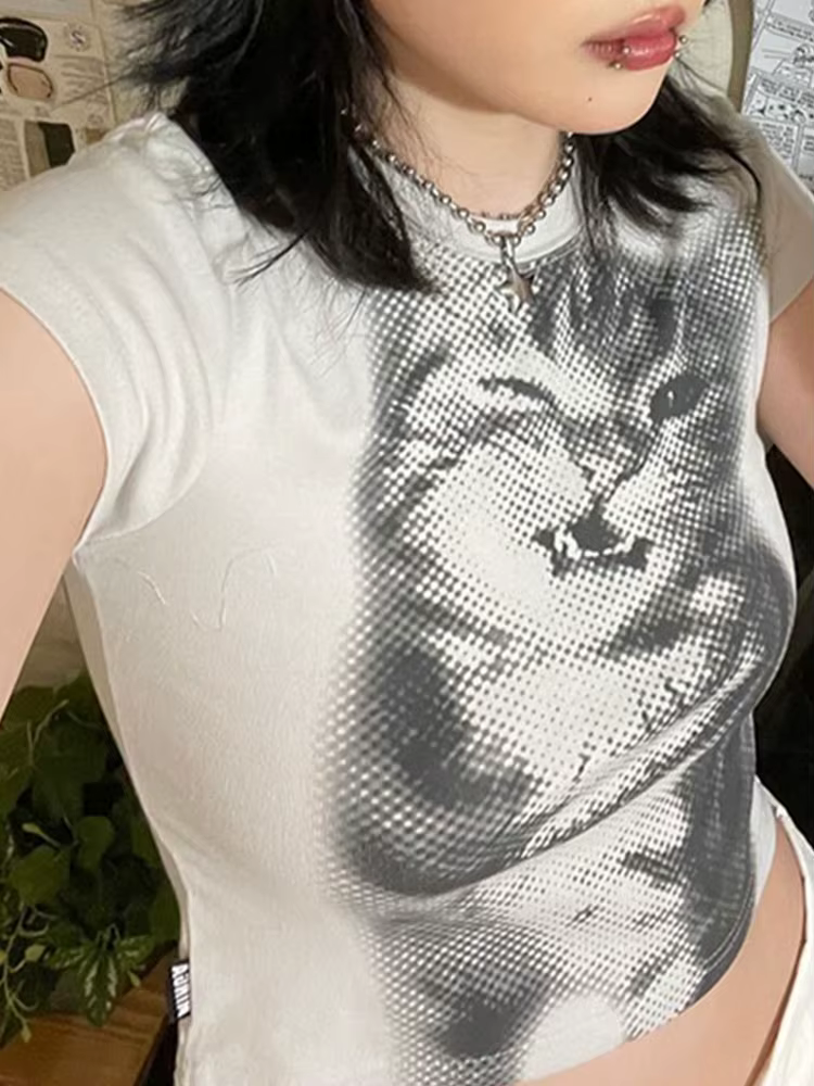 Harajuku Animal imprimé haut court basique blanc à manches courtes col rond T-shirt femmes décontrac