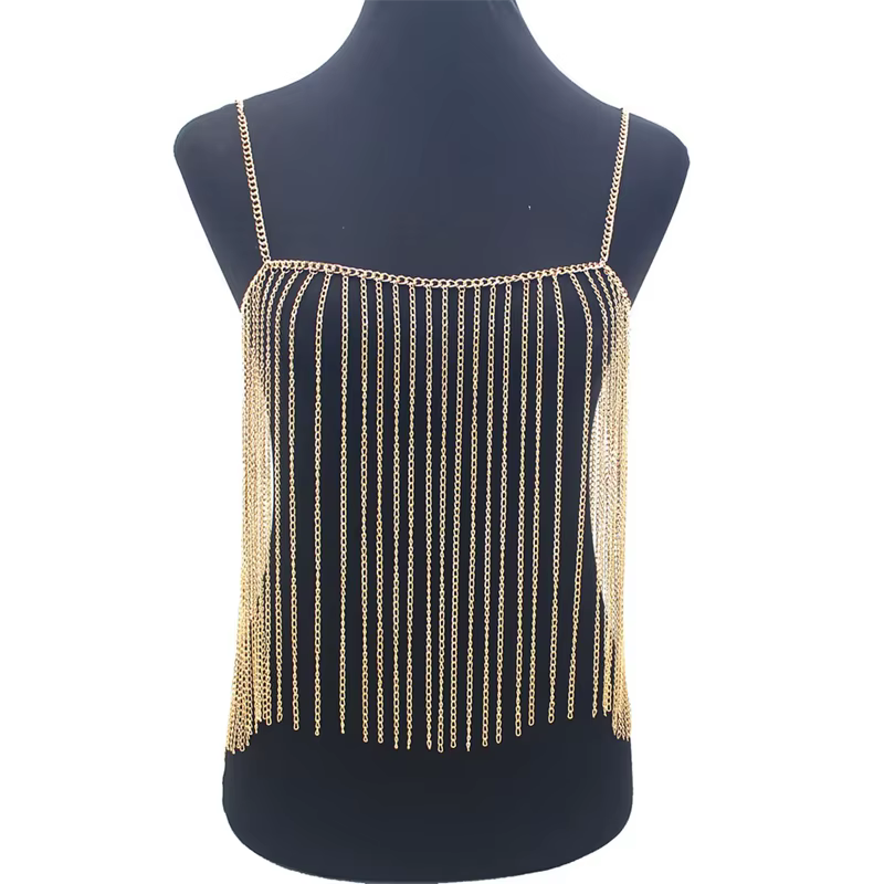 Haut à bretelles spaghetti avec pompons en métal, chaîne de poitrine, bijoux sexy ​ ​ Lingerie femme