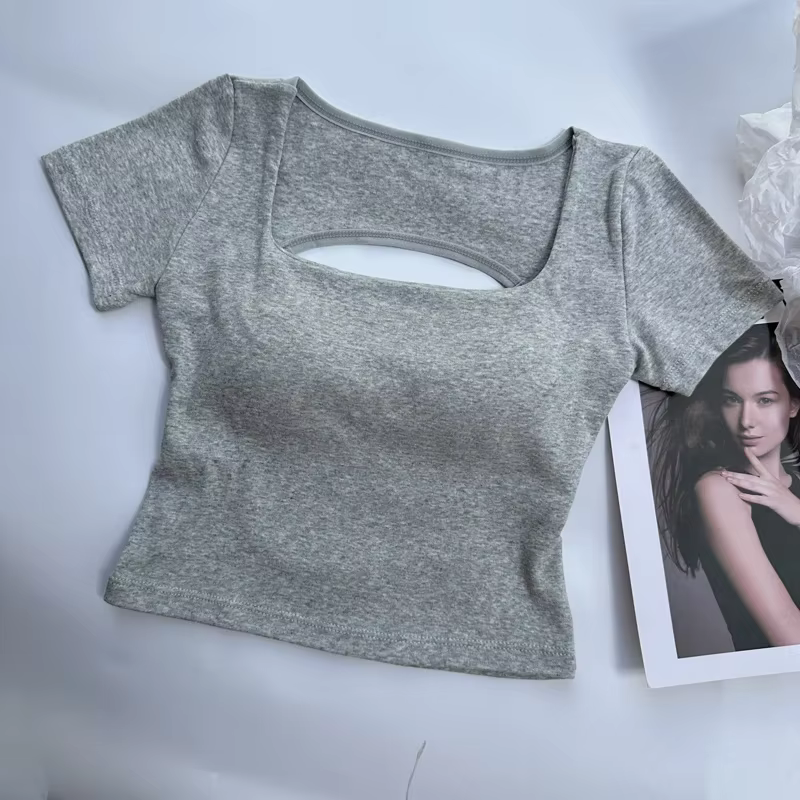 T-shirt femme vêtements encolure carrée hauts à manches courtes haut court avec soutiens-gorge pour 
