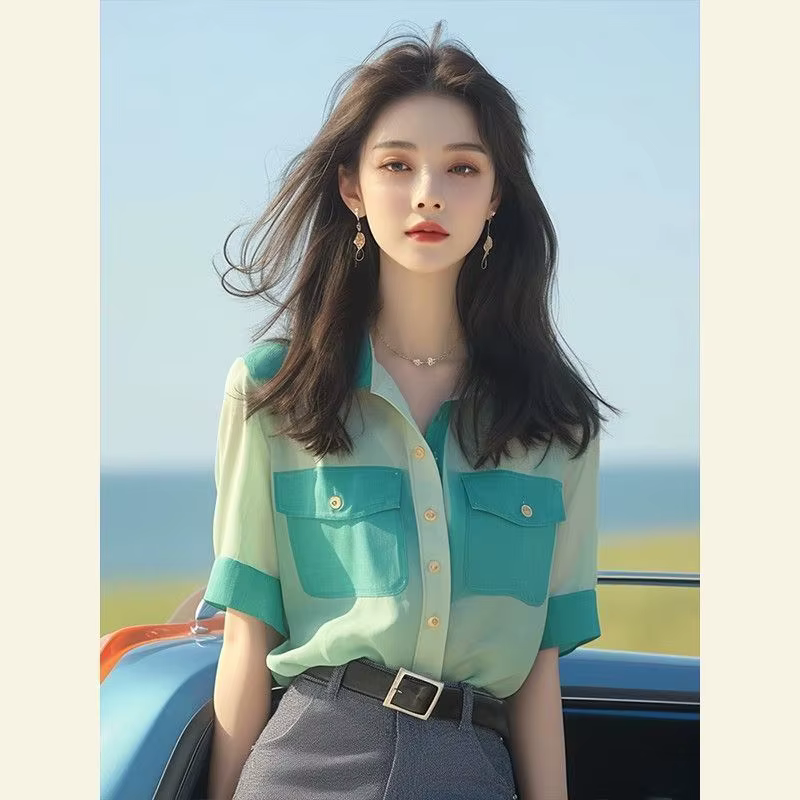 Haut en mousseline de soie française, boutons d'épissure de couleur contrastée, chemise polyvalente 