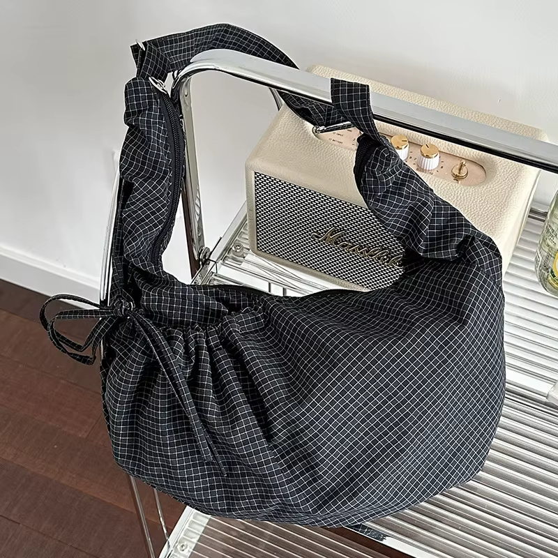 Sacs à bandoulière Hobos rétro à carreaux pour femmes, sac à boulettes en Nylon avec poche à cordon 