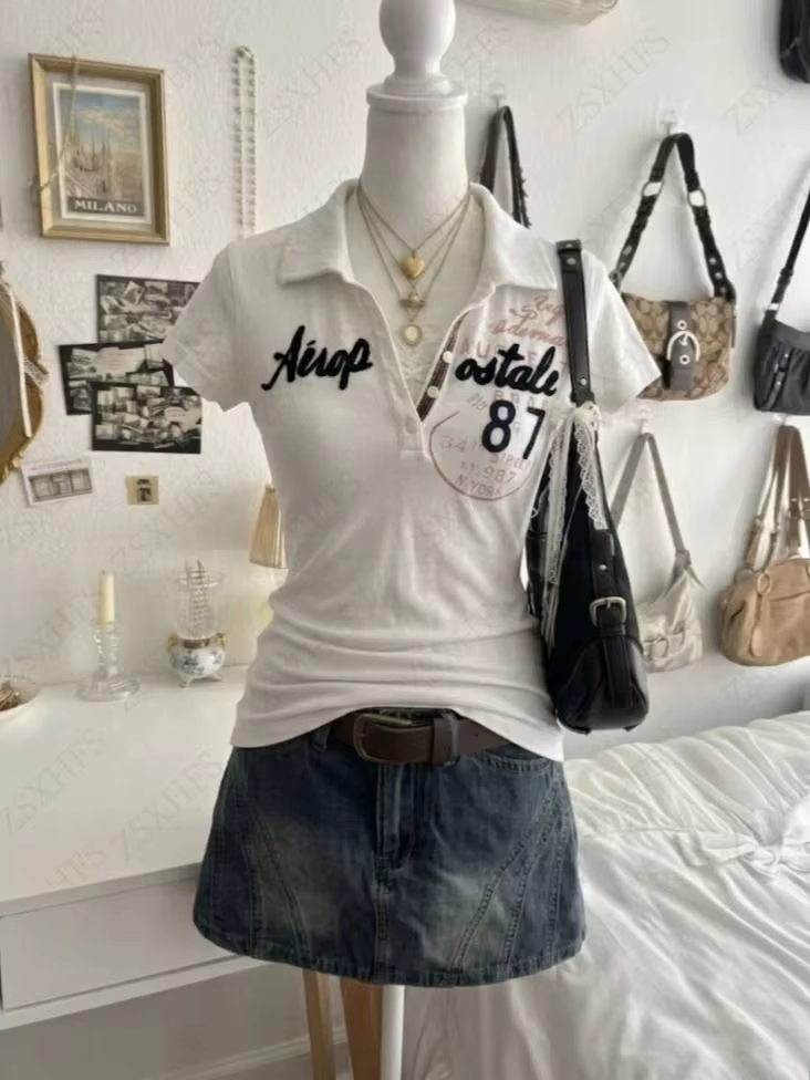 Chemises polo gothiques des années 2000, vêtements vintage punk pour femmes, col polo, streetwear se