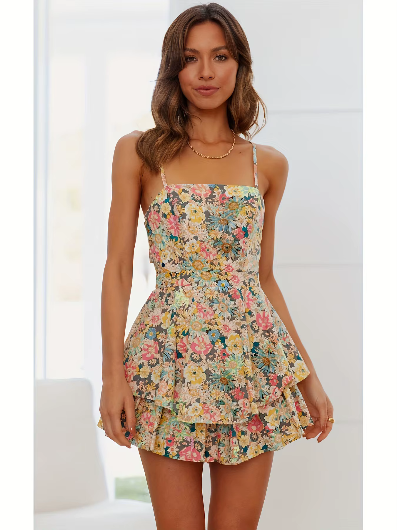 Robe Courte Plissée Sans Manches à Nœud Papillon Imprimé Floral pour Femme en Fibre de Polyester