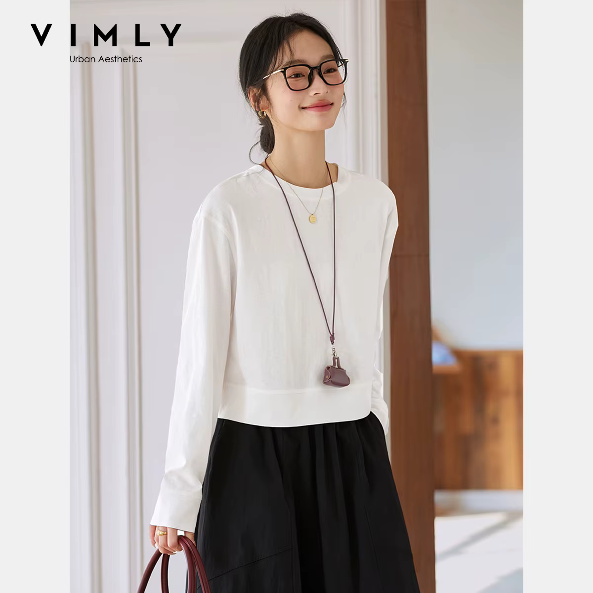 T-shirt en coton blanc pour femme VIMLY, collection Printemps 2026, col rond, manches longues, coupe