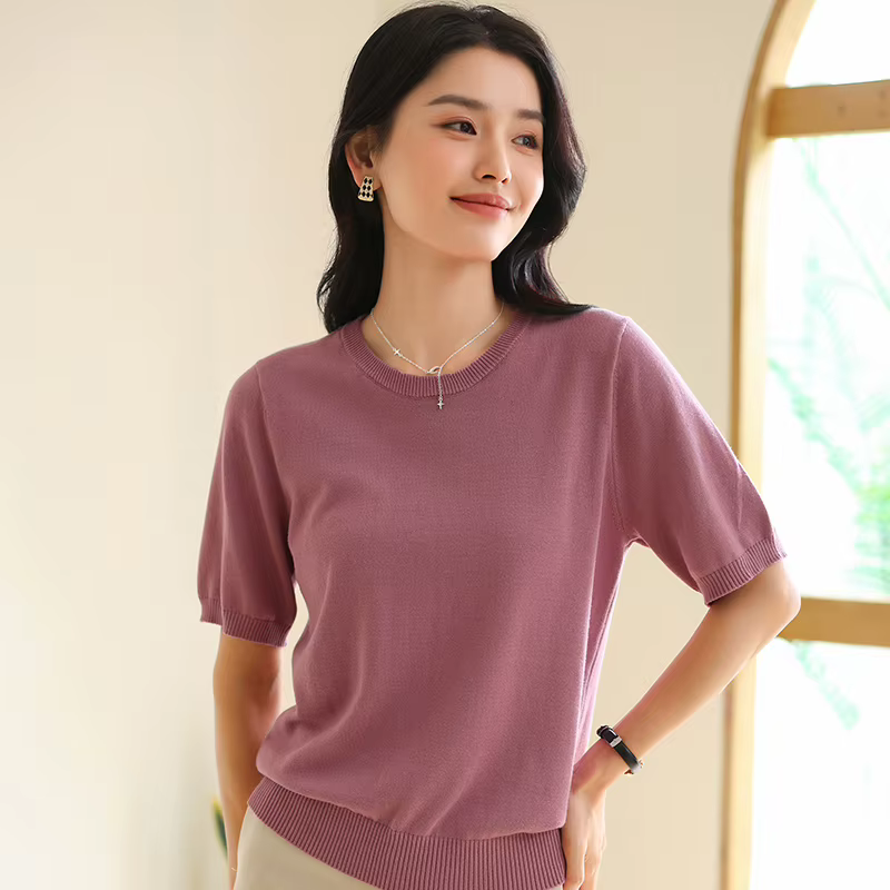 T-shirt d'été 100 % pur coton pour femme, décontracté, uni, tricoté, à manches courtes, col rond, co