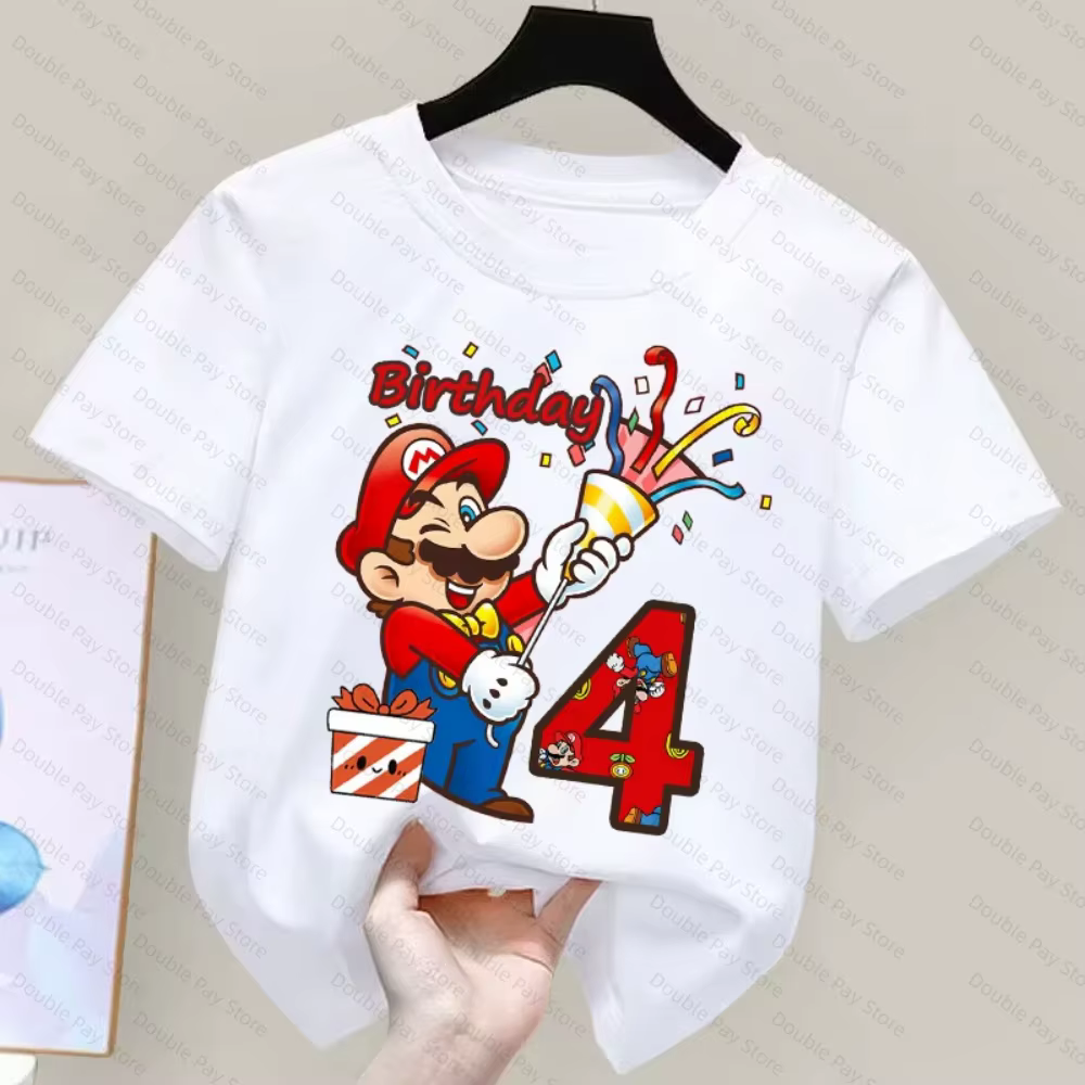 T-shirt d'anniversaire à manches courtes pour enfants, motif Mario, pour garçons et filles de 3 à 8 