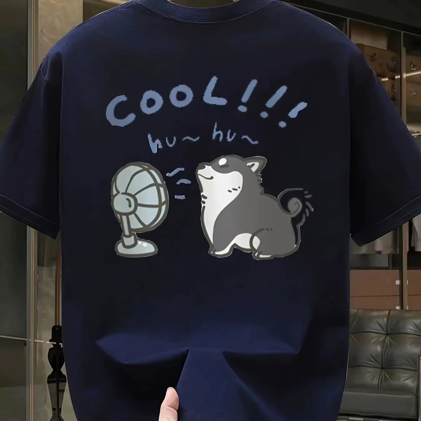 T-shirt bleu marine pour homme, motif chiot de dessin animé mignon, ventilateur électrique, lettres 