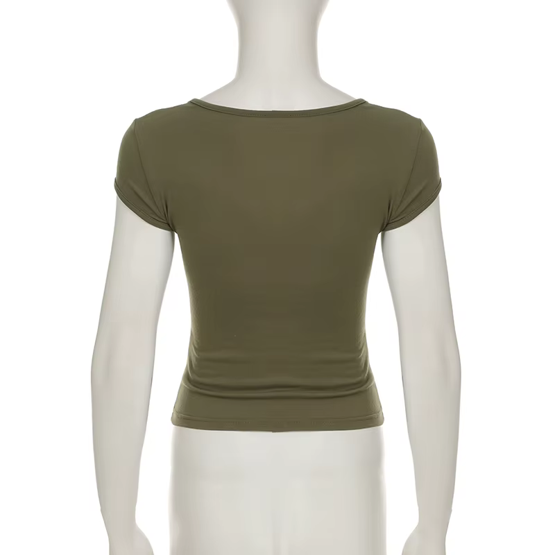SUCHCUTE rétro Geen broderie florale col en V manches hauts Y2k femmes mince T-shirt Chic Streetwear