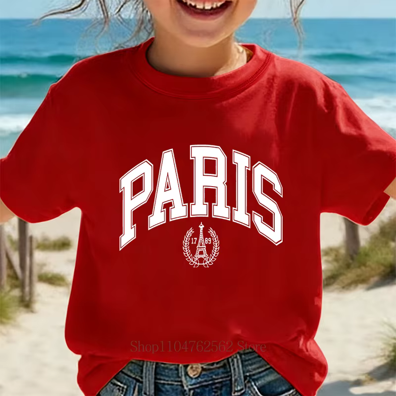T-shirts imprimés vintage Paris pour enfants, mode décontractée gothique d'été, hauts colorés à col 