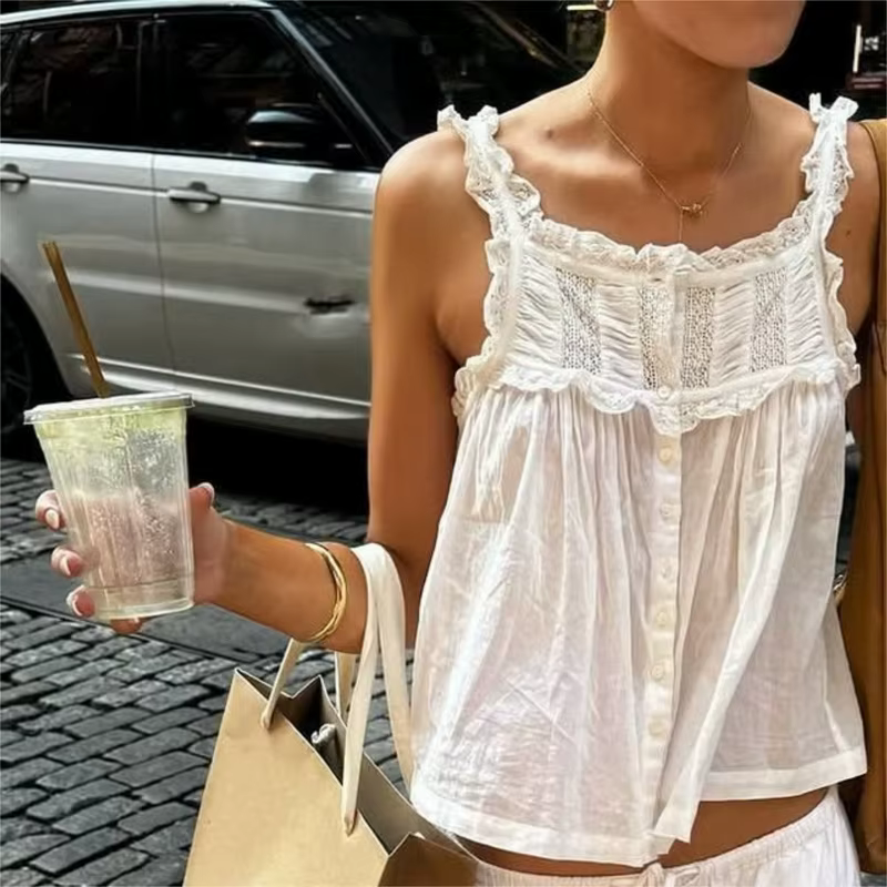 Mignon sortie haut court Boho gilet femmes Y2k dentelle à volants garniture débardeur Fairycore Sexy