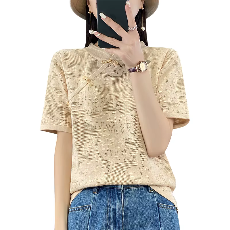 T-shirt à manches courtes pour femme, pull creux en jacquard tridimensionnel, t-shirts d'été, pull c