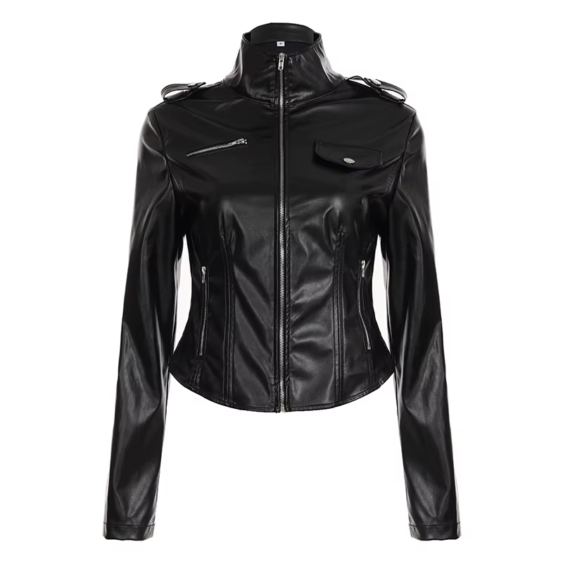 Veste en cuir Pu noir fermeture éclair col montant coupe ajustée Moto Biker veste Y2K Edgy décontrac