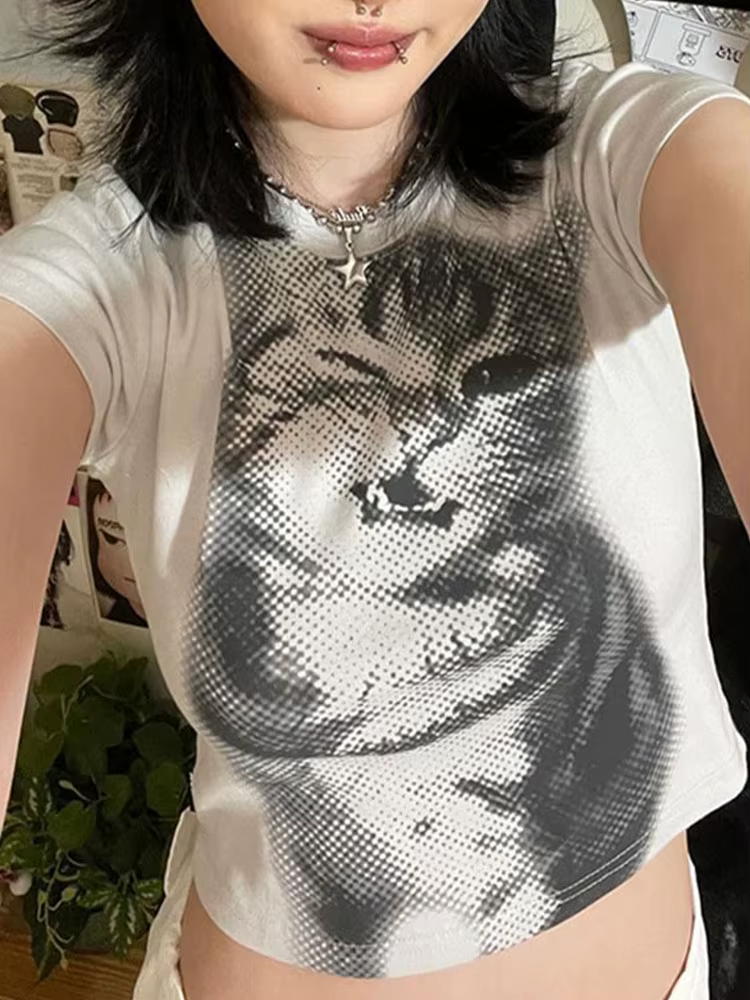 Harajuku Animal imprimé haut court basique blanc à manches courtes col rond T-shirt femmes décontrac