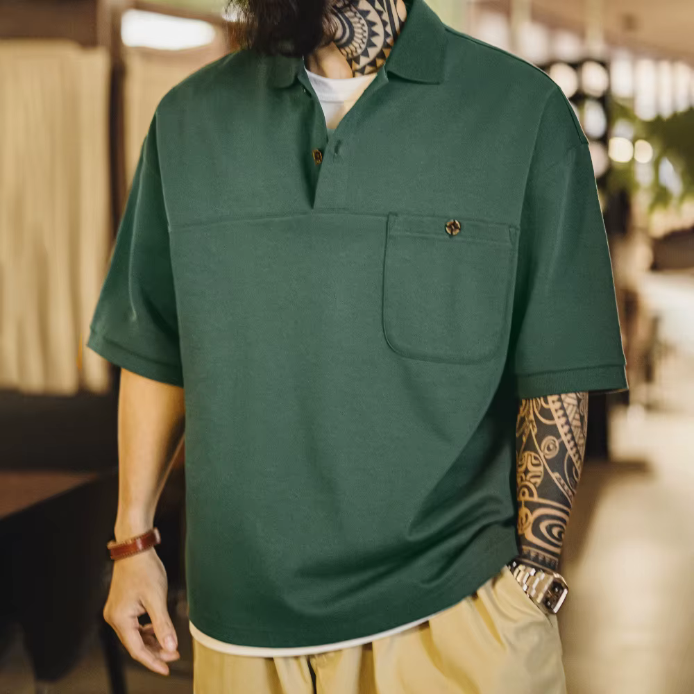 Maden nouveau Vintage vert revers à manches courtes Polo hommes été coupe ample décontracté poche T-