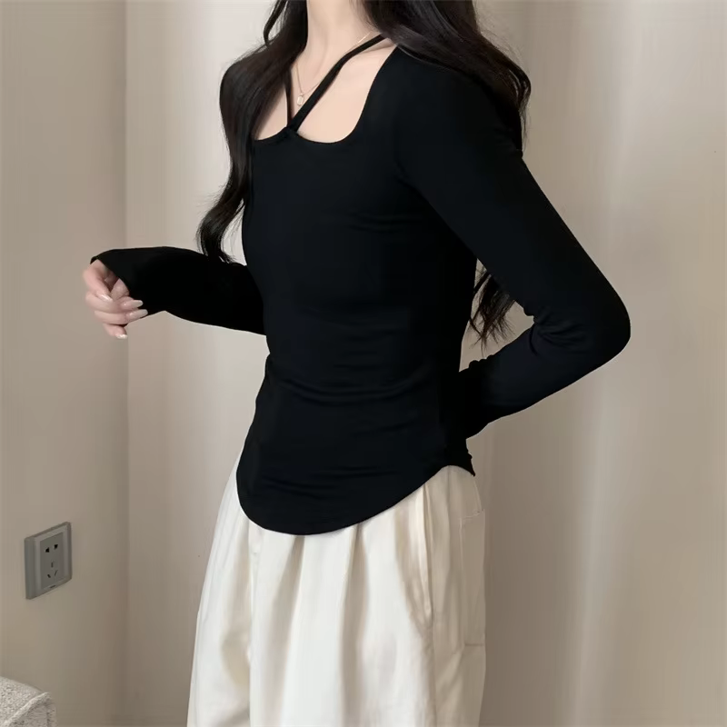 T-shirt court pour femmes en automne, nouvelle chemise à manches longues, coupe cintrée, haut tendan