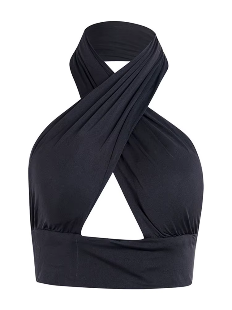 Femmes Strappy Cross Over Front Cut Out Halter Neck fibrBackless Crop Top Bandage glaSummer Sexy Y-W