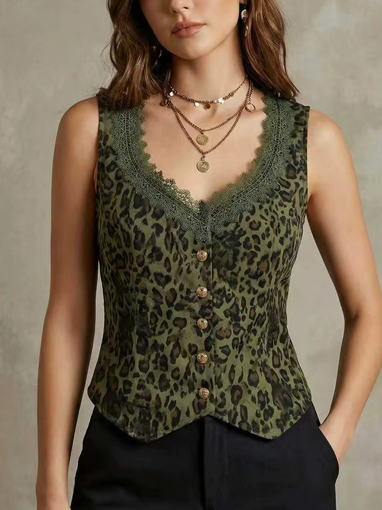 Gilet imprimé léopard pour femme, haut corset sans manches à col en V en dentelle, gilet vintage bou