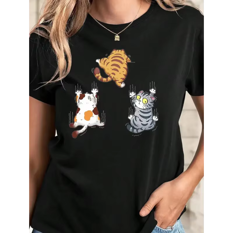 T-shirt à manches courtes en coton 100% pour femme, col rond, imprimé chat, tendance décontractée, h
