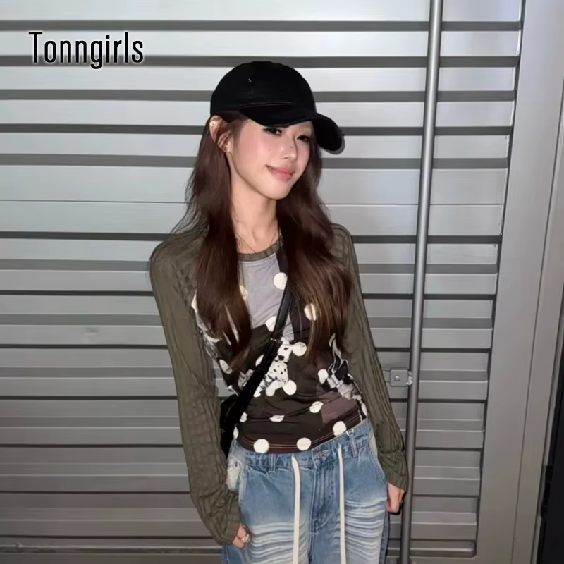Tonngirls Harajuku imprimé chien graphique hauts à manches longues Patchwork femmes T-shirt Y2k Vint